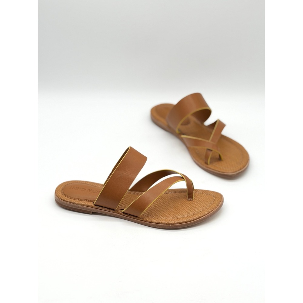 J.McLaughlin Shay Sandals Women 8 Brown Leather Strappy Flat Toe Loop Casual NEW